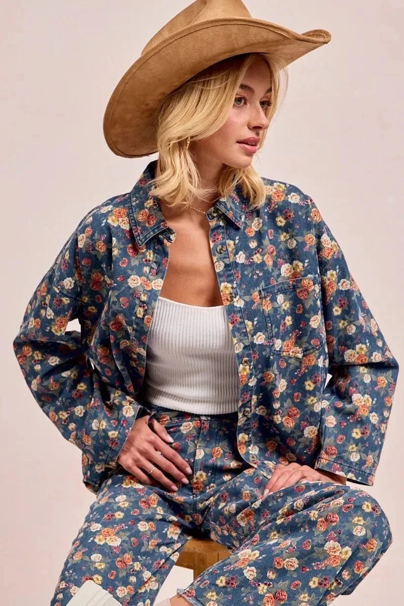 BiBi Washed Floral Print Denim Jacket - VILLA FASHION